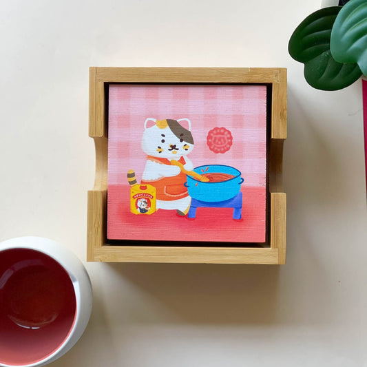 Bamboo Coasters Set with Holder - Concha Cats