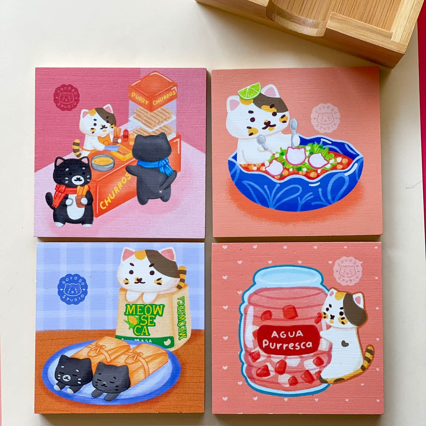 Bamboo Coasters Set with Holder - Mexican Treats