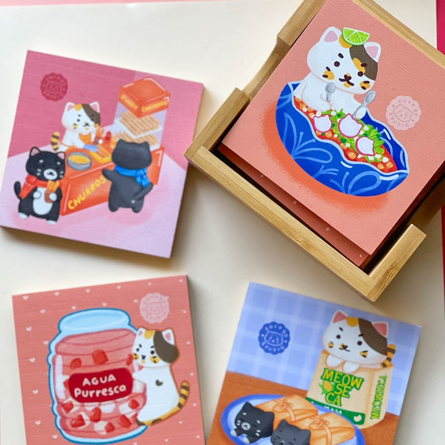 Bamboo Coasters Set with Holder - Mexican Treats