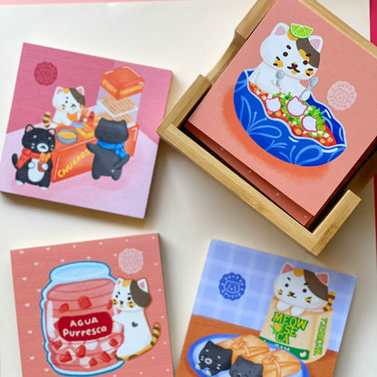 Bamboo Coasters Set with Holder - Mexican Treats