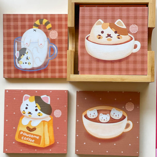 Bamboo Coasters Set with Holder - Coffee Cats