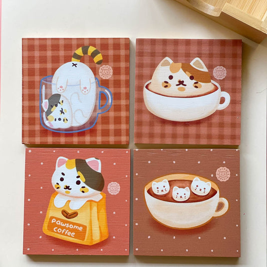 Bamboo Coasters Set with Holder - Coffee Cats