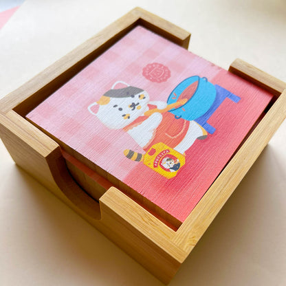 Bamboo Coasters Set with Holder - Concha Cats