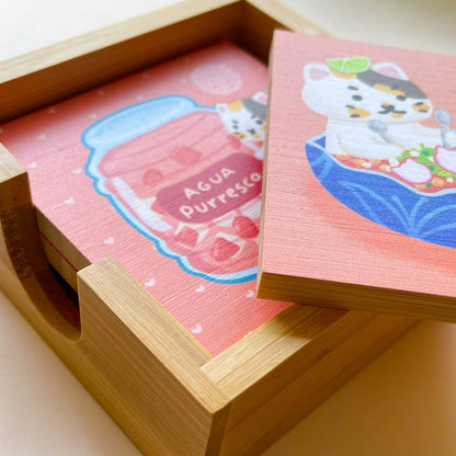Bamboo Coasters Set with Holder - Mexican Treats